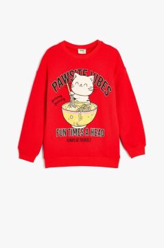 Koton Kız Çocuk Sweatshirt Bisiklet Yaka Kedi Baskılı