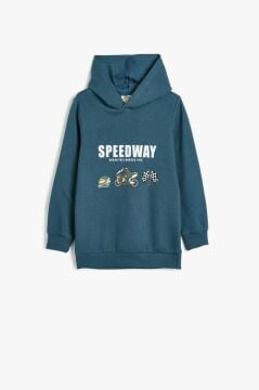 Koton Erkek Çocuk Kapşonlu Sweatshirt Motosiklet Baskılı Uzun Kollu