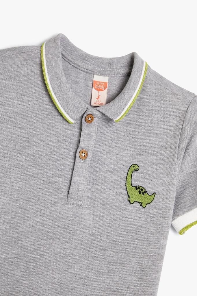 Koton Erkek Bebek Polo Yaka Tişört Kısa Kollu Dinozor İşleme Detaylı Düğmeli