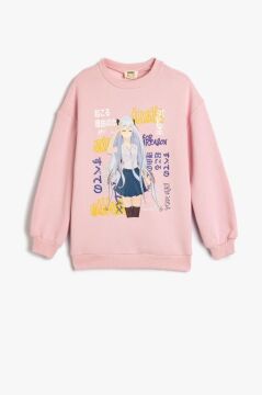 Koton Kız Çocuk Anime Baskılı Sweatshirt Şardonlu Uzun Kollu Bisiklet Yaka